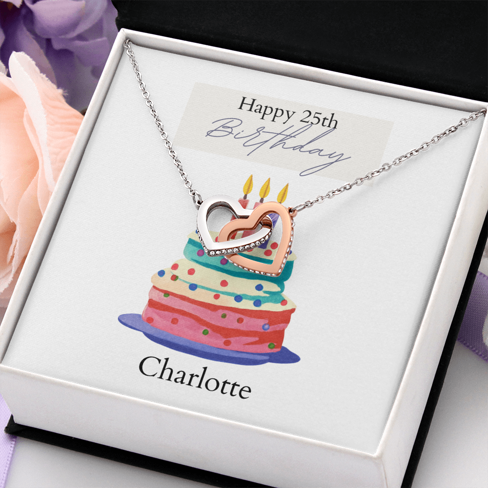 Personalized Happy Birthday- Bright Cake- Interlocking Hearts Necklace