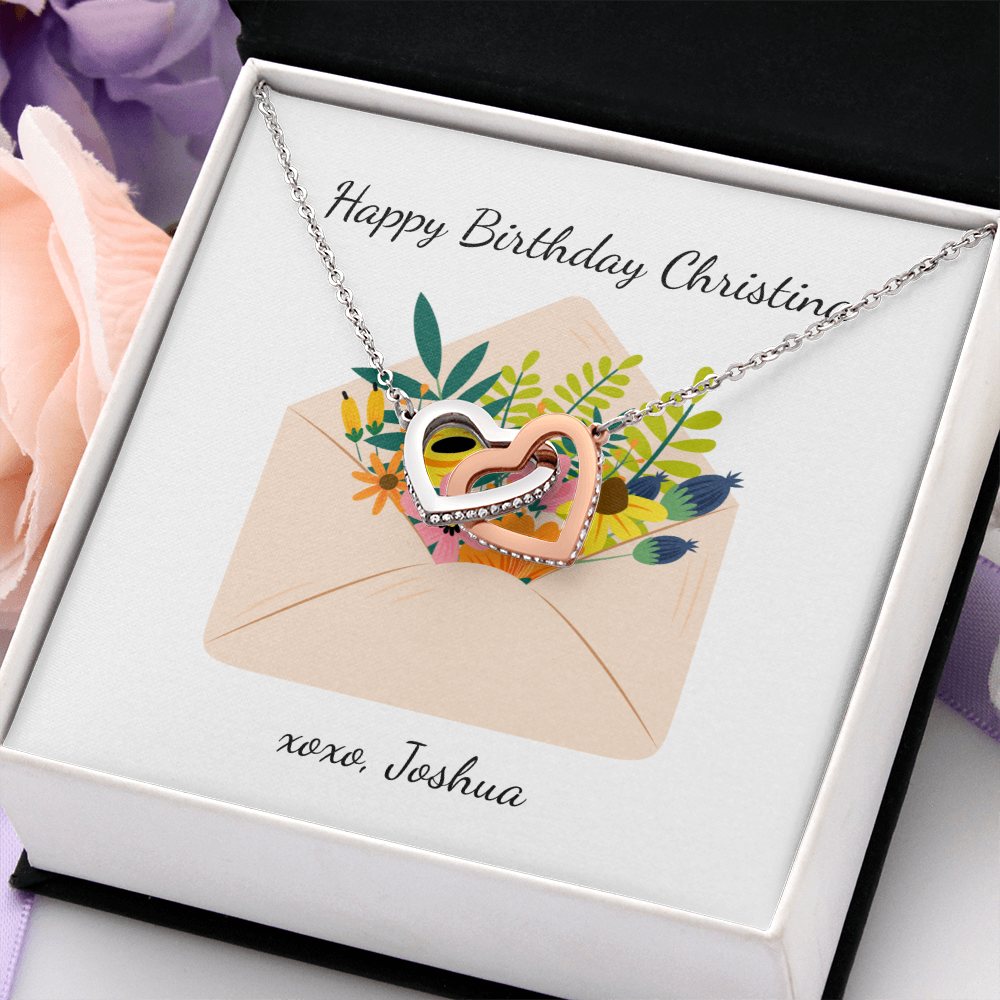 Personalized Happy Birthday- Wild Flowers- Interlocking Hearts Necklace