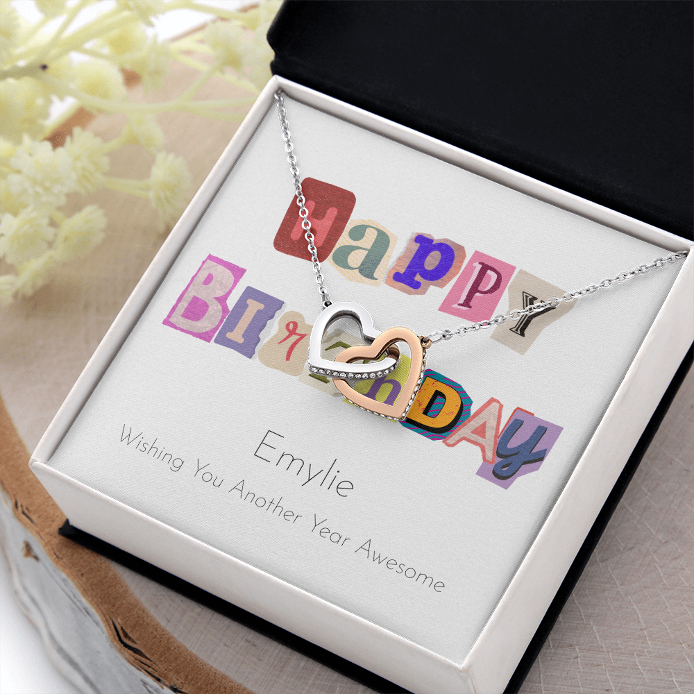 Personalized Happy Birthday- Ransom Style Letters- Interlocking Hearts Necklace