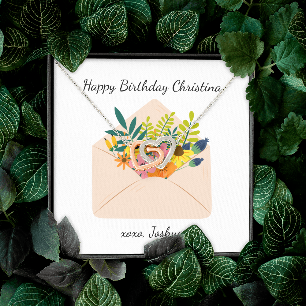 Personalized Happy Birthday- Wild Flowers- Interlocking Hearts Necklace