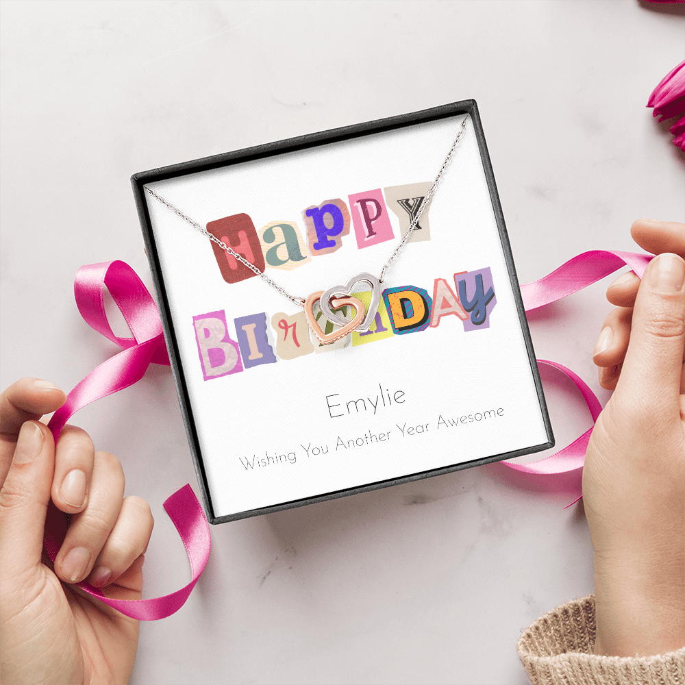 Personalized Happy Birthday- Ransom Style Letters- Interlocking Hearts Necklace