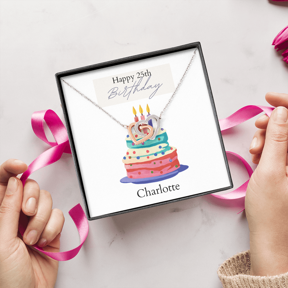 Personalized Happy Birthday- Bright Cake- Interlocking Hearts Necklace