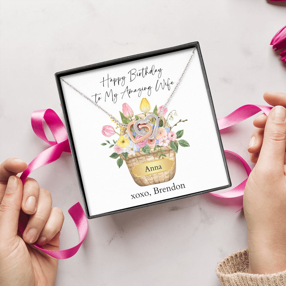 Personalized Happy Birthday- My Amazing Wife- Interlocking Hearts Necklace