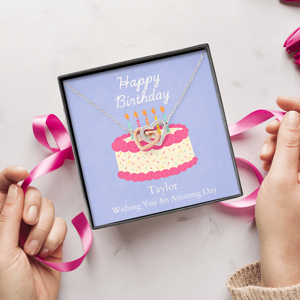 Personalized Happy Birthday- Bright Pink Cake-Interlocking Hearts Necklace