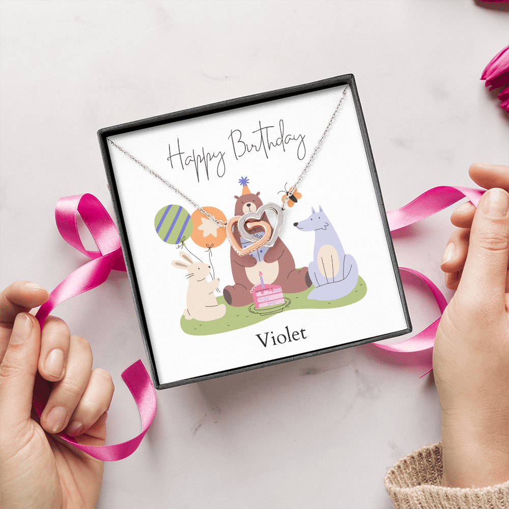 Personalized Happy Birthday- Woodland Animals- Interlocking Hearts Necklace