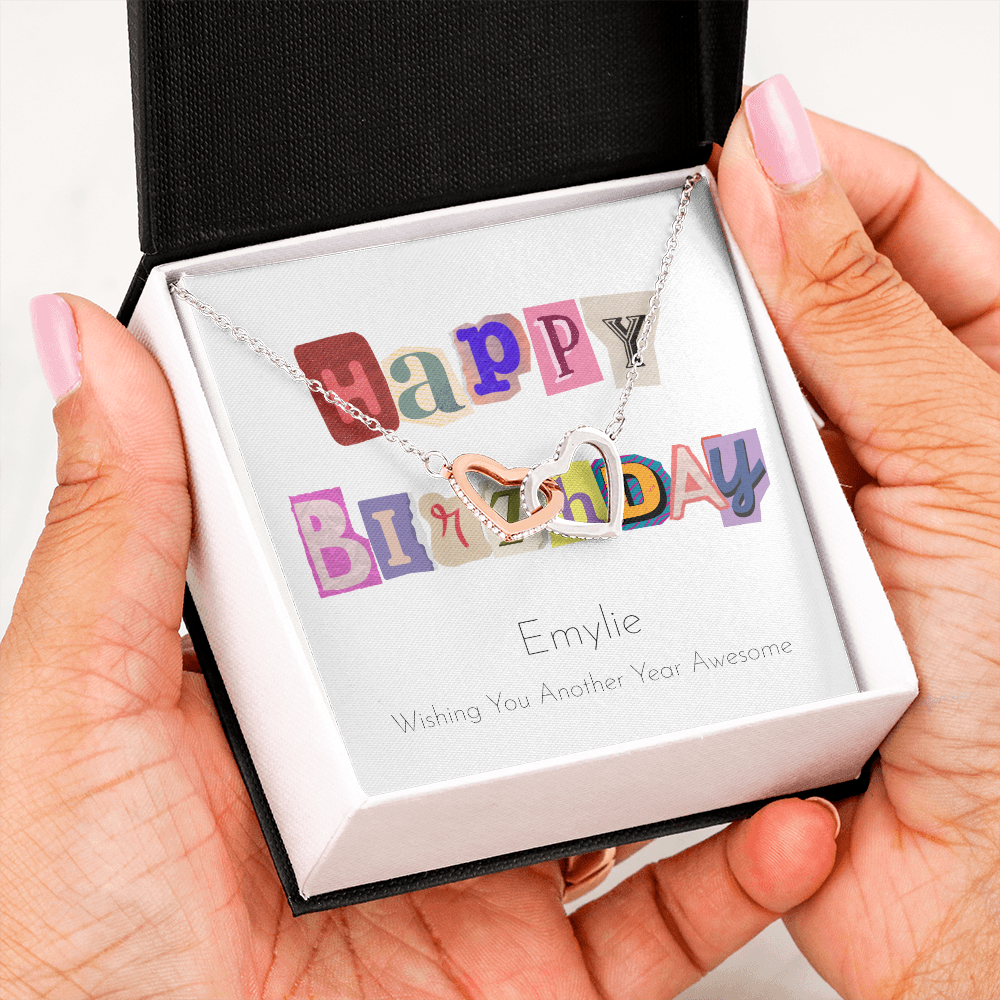 Personalized Happy Birthday- Ransom Style Letters- Interlocking Hearts Necklace