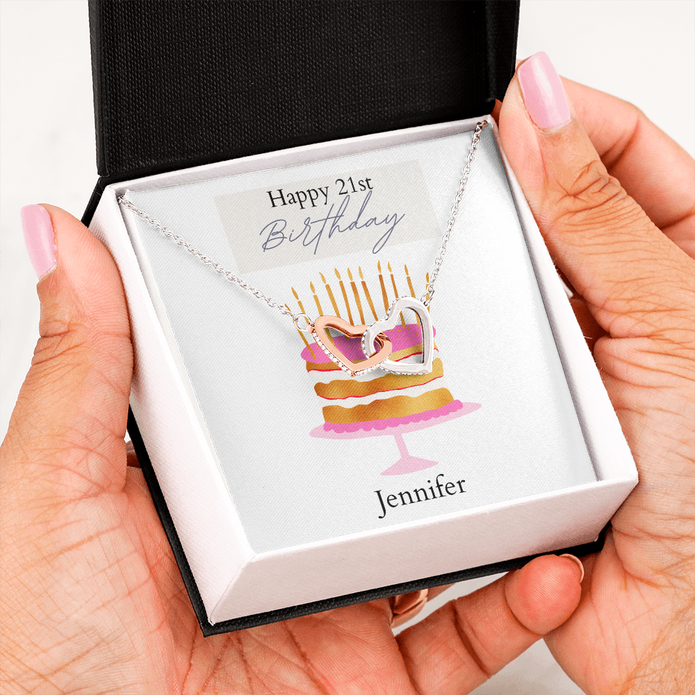 Personalized Happy Birthday- Pink and Gold Cake- Interlocking Necklace