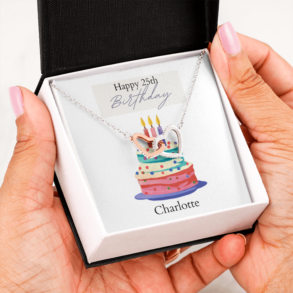 Personalized Happy Birthday- Bright Cake- Interlocking Hearts Necklace