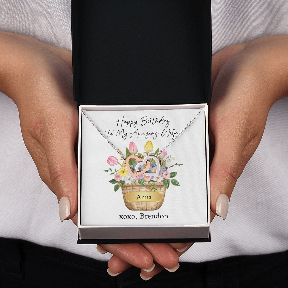 Personalized Happy Birthday- My Amazing Wife- Interlocking Hearts Necklace