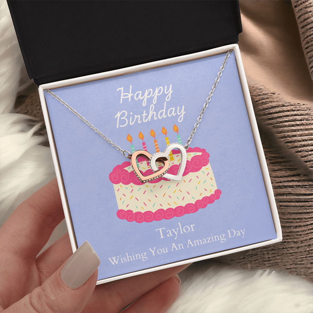 Personalized Happy Birthday- Bright Pink Cake-Interlocking Hearts Necklace