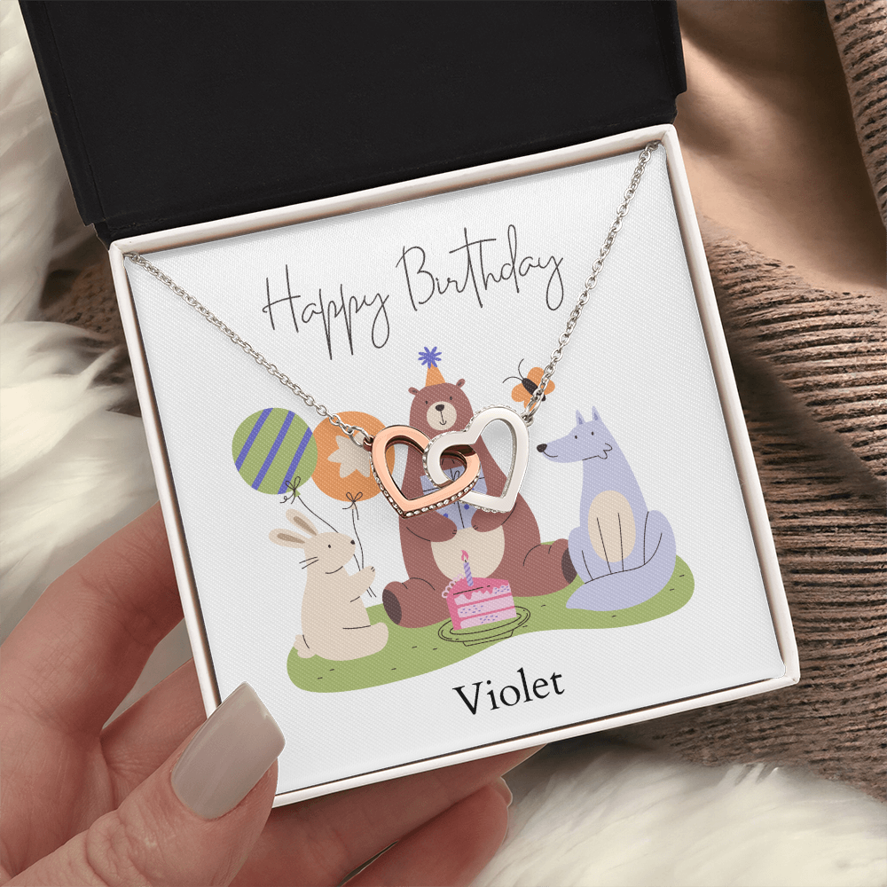 Personalized Happy Birthday- Woodland Animals- Interlocking Hearts Necklace