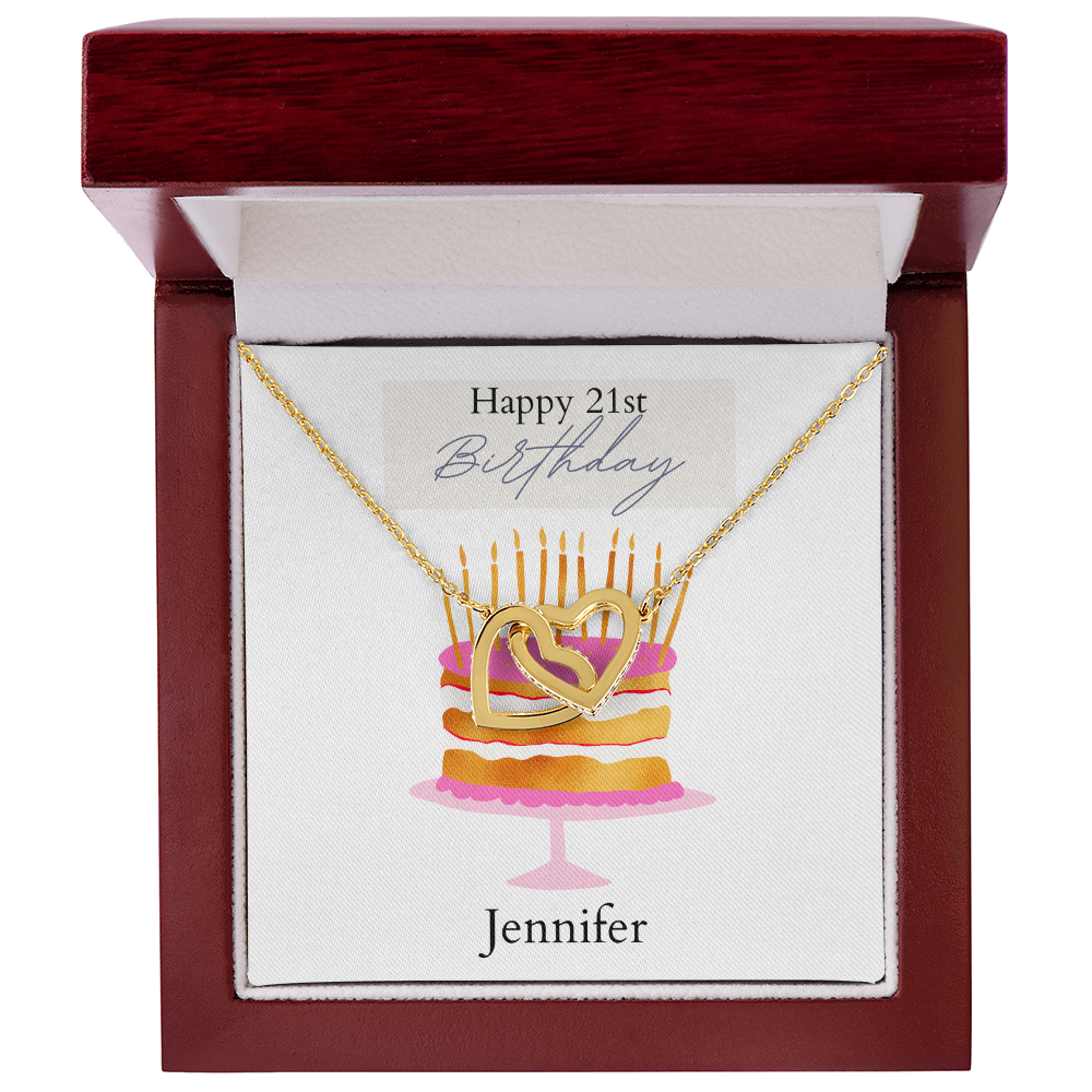 Personalized Happy Birthday- Pink and Gold Cake- Interlocking Necklace