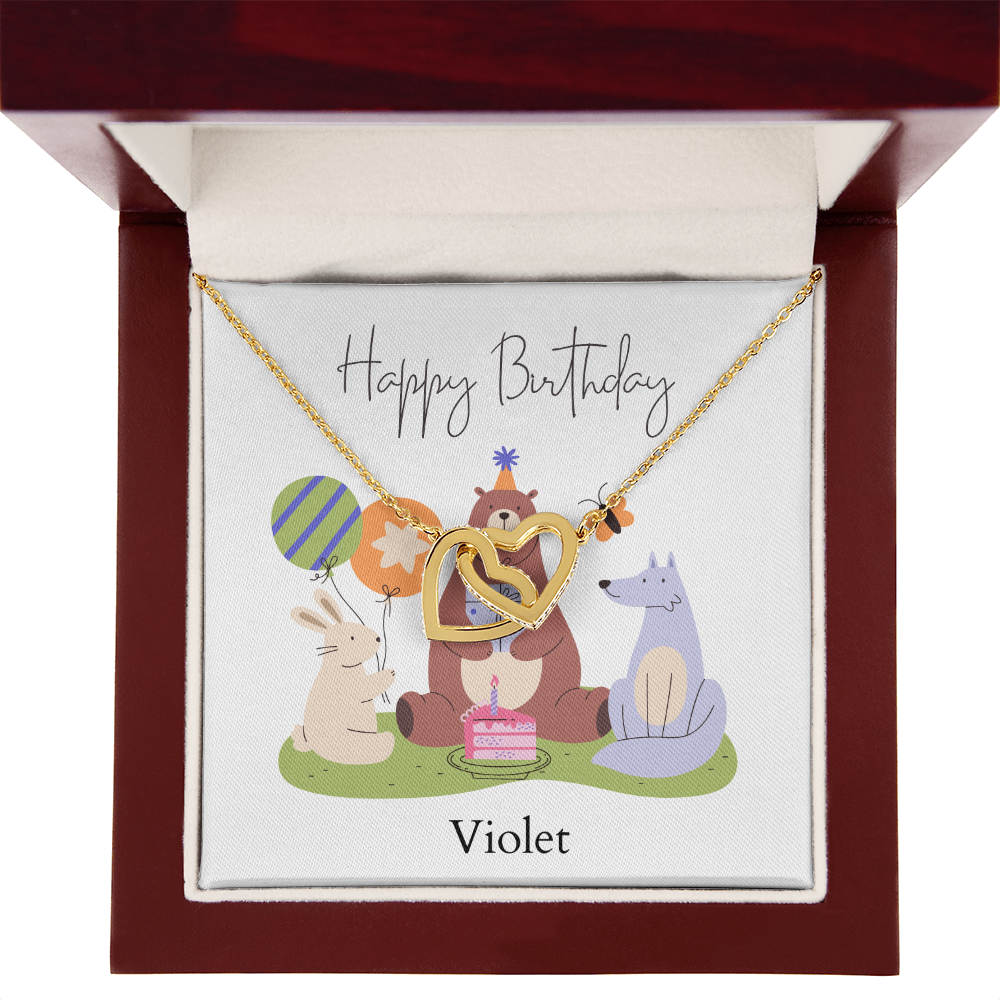 Personalized Happy Birthday- Woodland Animals- Interlocking Hearts Necklace