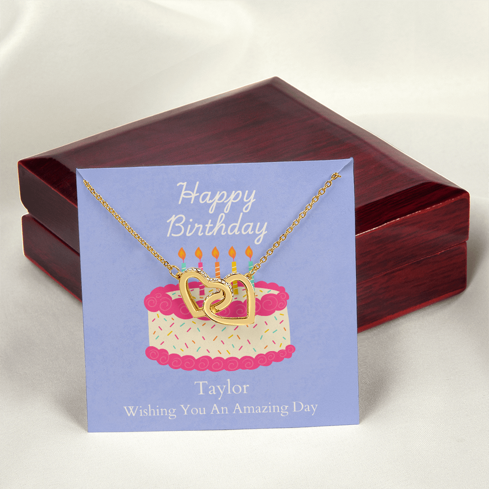 Personalized Happy Birthday- Bright Pink Cake-Interlocking Hearts Necklace