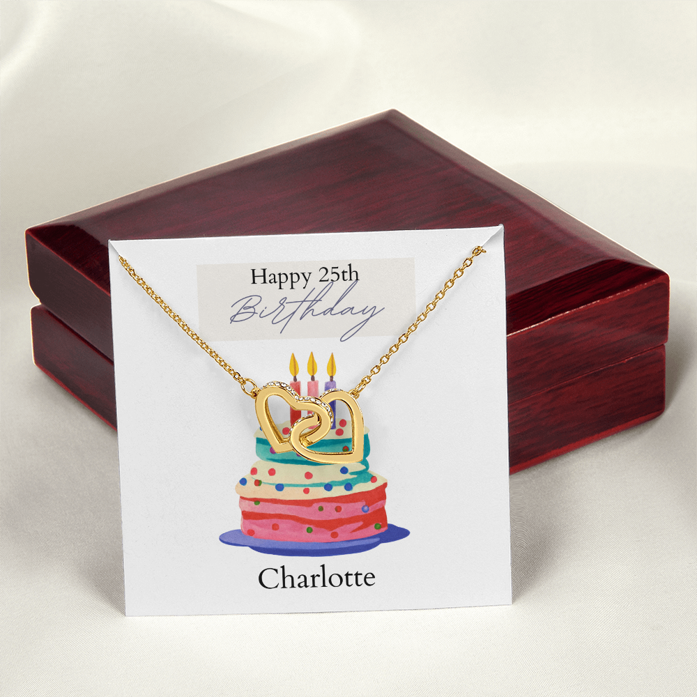 Personalized Happy Birthday- Bright Cake- Interlocking Hearts Necklace