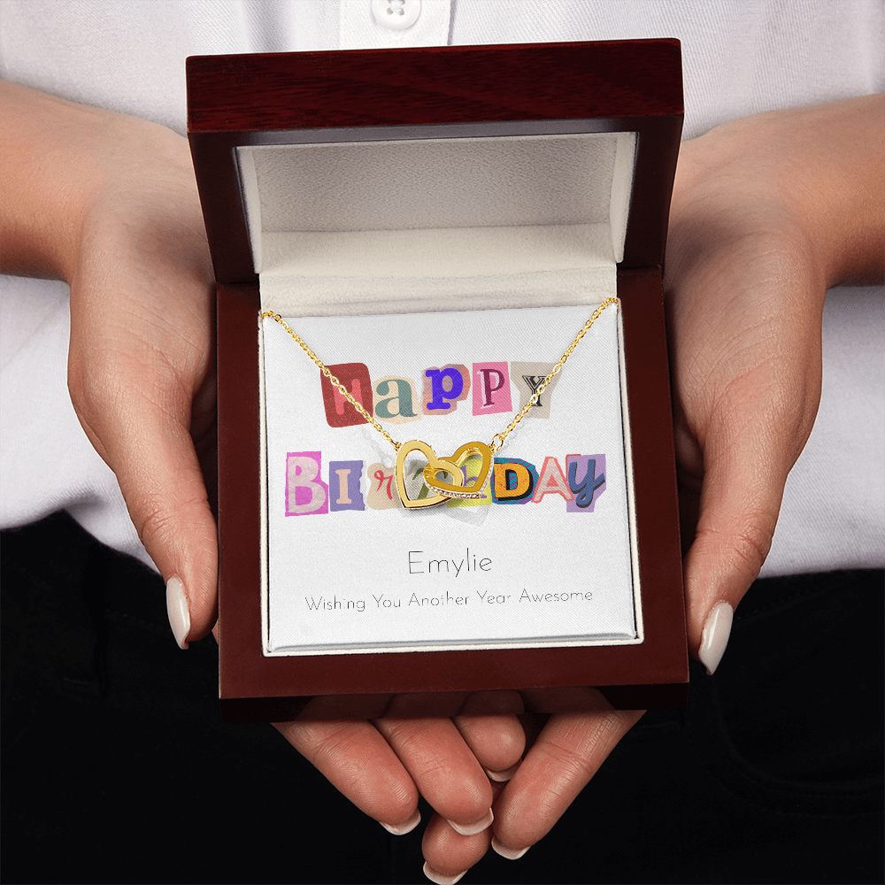 Personalized Happy Birthday- Ransom Style Letters- Interlocking Hearts Necklace
