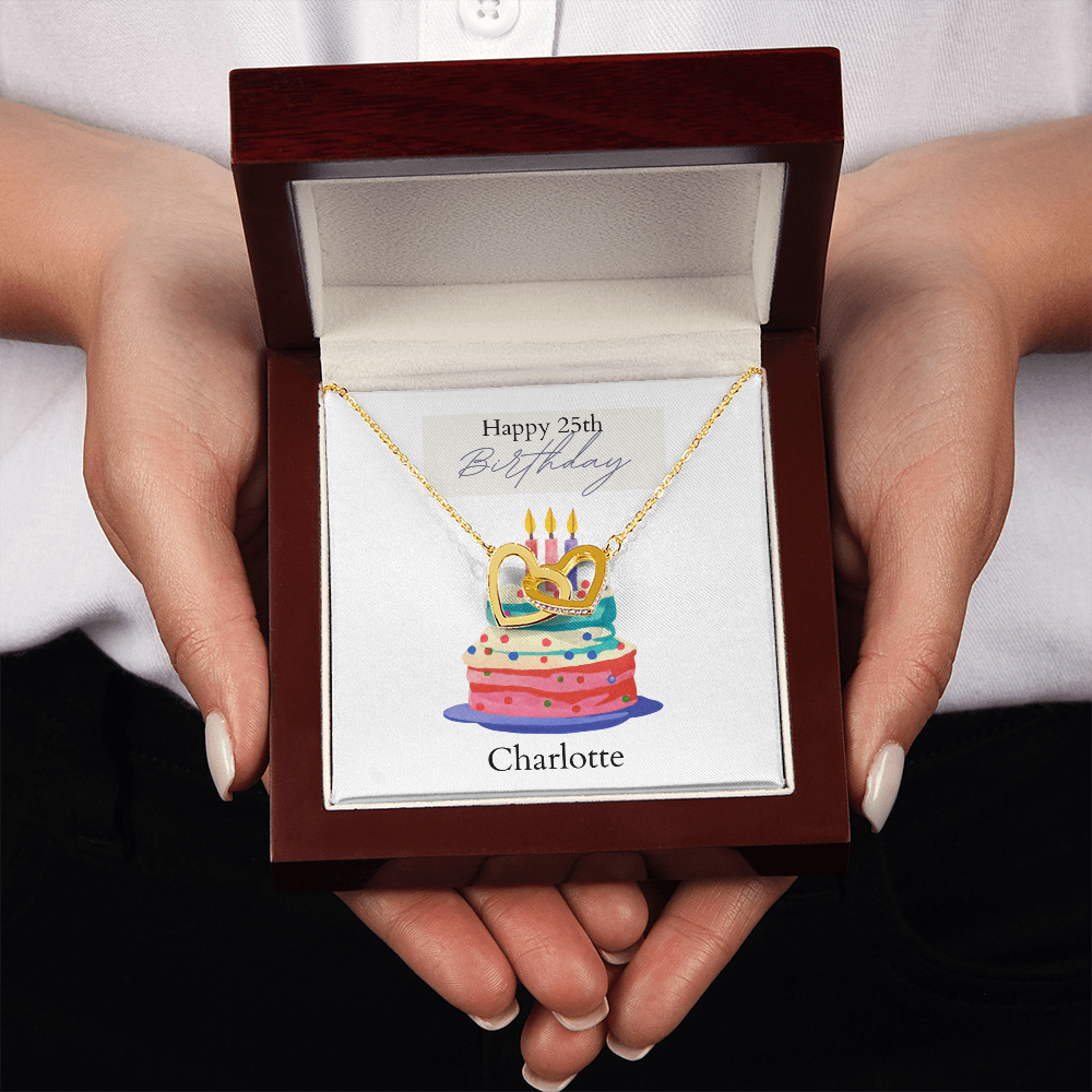 Personalized Happy Birthday- Bright Cake- Interlocking Hearts Necklace