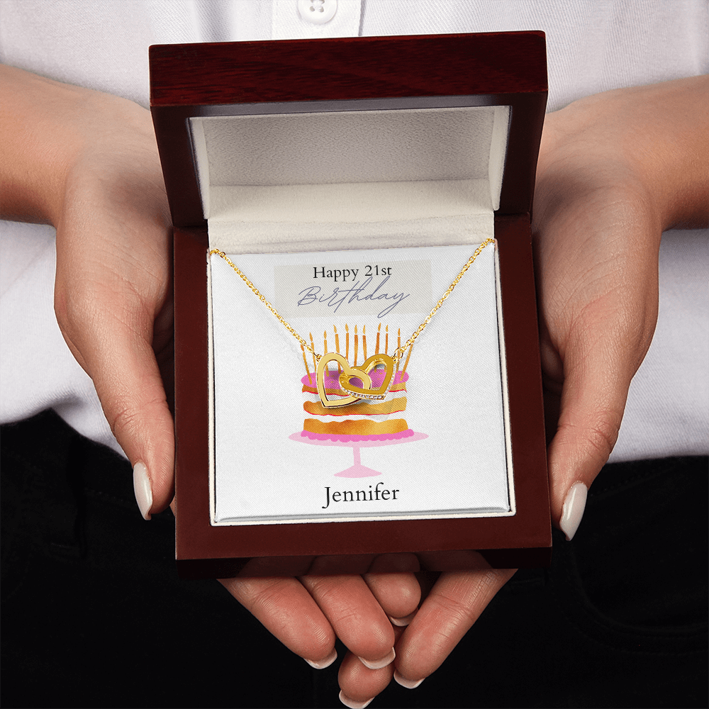 Personalized Happy Birthday- Pink and Gold Cake- Interlocking Necklace