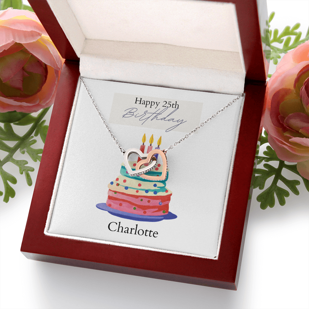Personalized Happy Birthday- Bright Cake- Interlocking Hearts Necklace