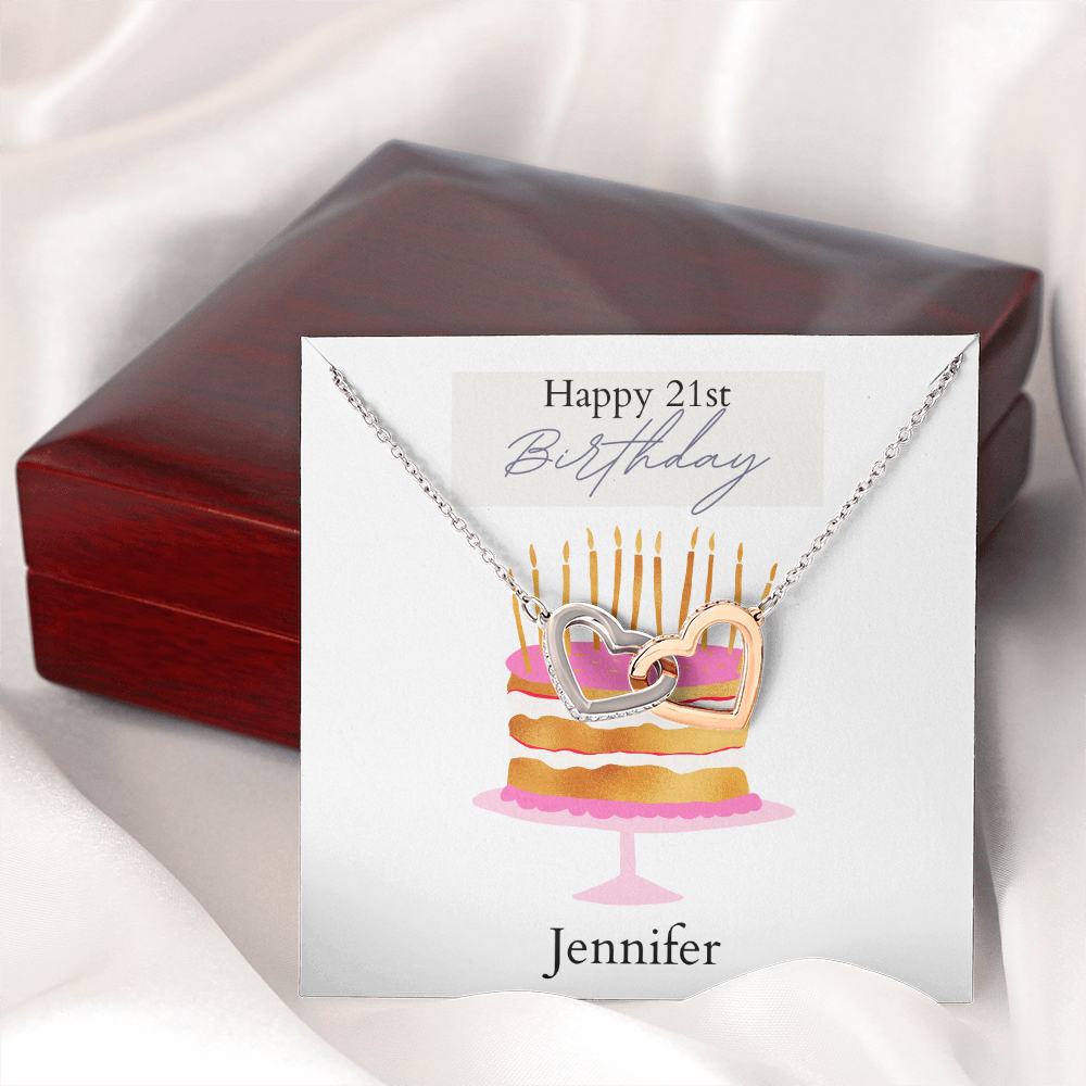 Personalized Happy Birthday- Pink and Gold Cake- Interlocking Necklace