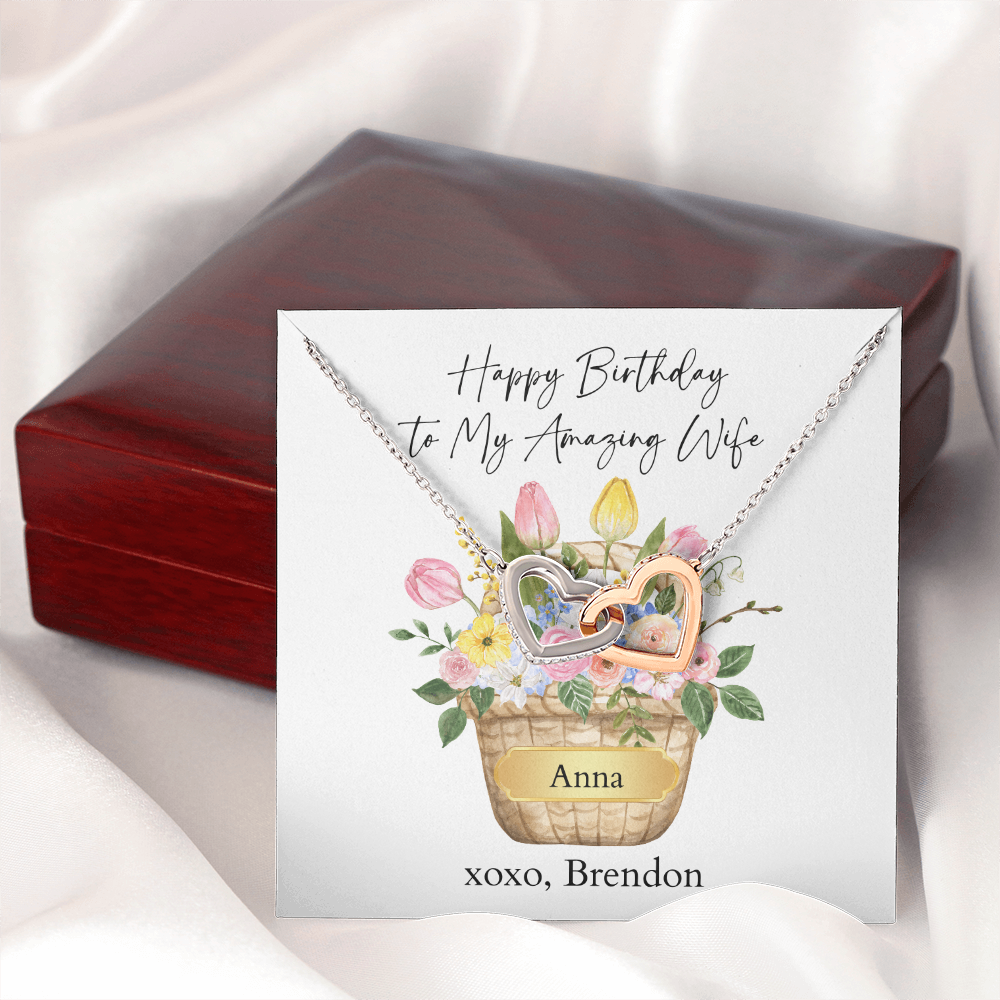 Personalized Happy Birthday- My Amazing Wife- Interlocking Hearts Necklace