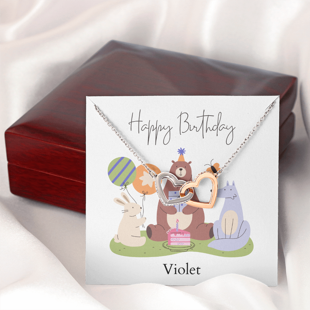 Personalized Happy Birthday- Woodland Animals- Interlocking Hearts Necklace