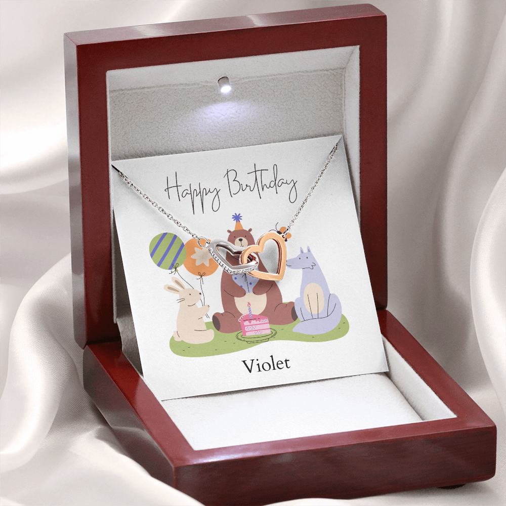 Personalized Happy Birthday- Woodland Animals- Interlocking Hearts Necklace