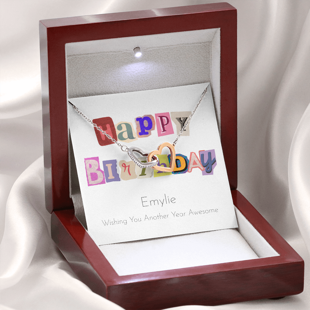 Personalized Happy Birthday- Ransom Style Letters- Interlocking Hearts Necklace
