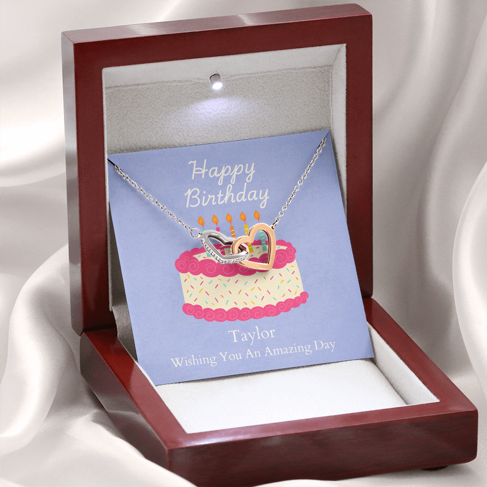 Personalized Happy Birthday- Bright Pink Cake-Interlocking Hearts Necklace