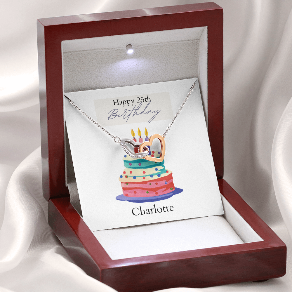 Personalized Happy Birthday- Bright Cake- Interlocking Hearts Necklace