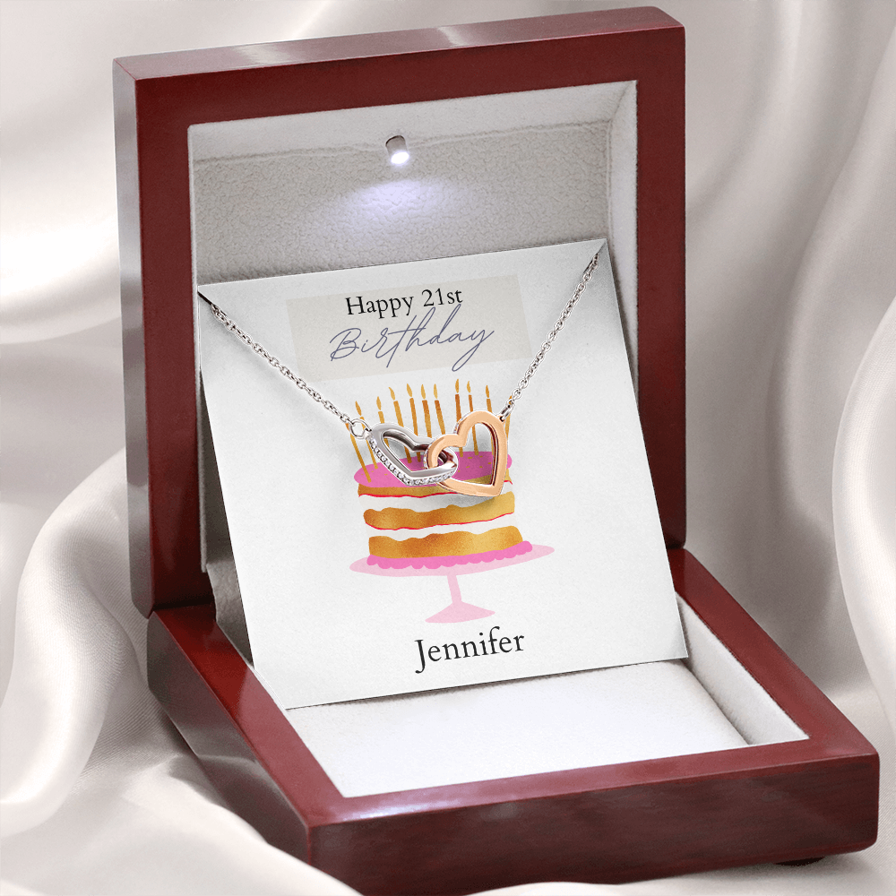Personalized Happy Birthday- Pink and Gold Cake- Interlocking Necklace