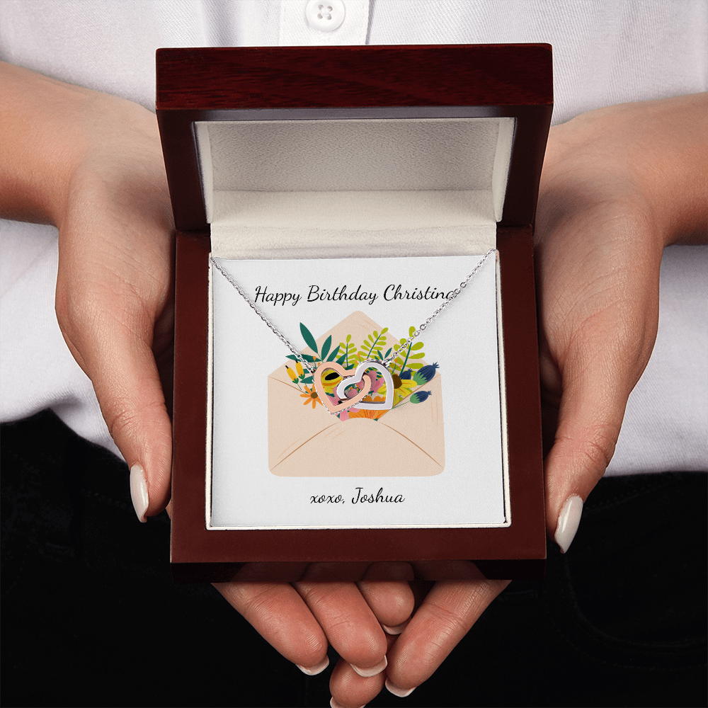 Personalized Happy Birthday- Wild Flowers- Interlocking Hearts Necklace