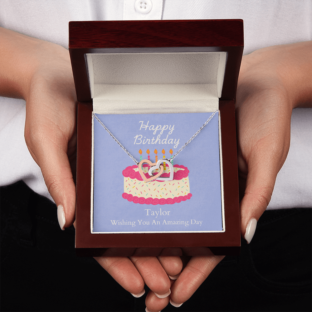 Personalized Happy Birthday- Bright Pink Cake-Interlocking Hearts Necklace