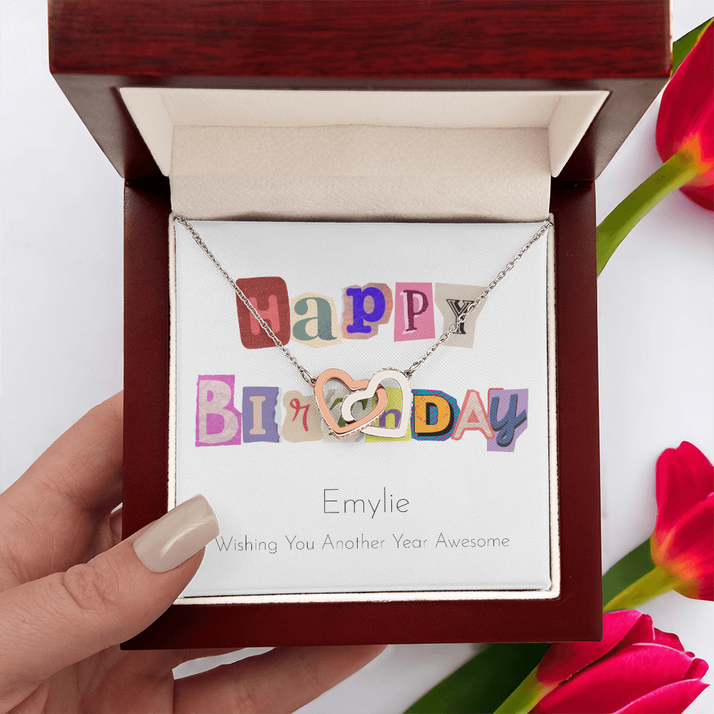 Personalized Happy Birthday- Ransom Style Letters- Interlocking Hearts Necklace