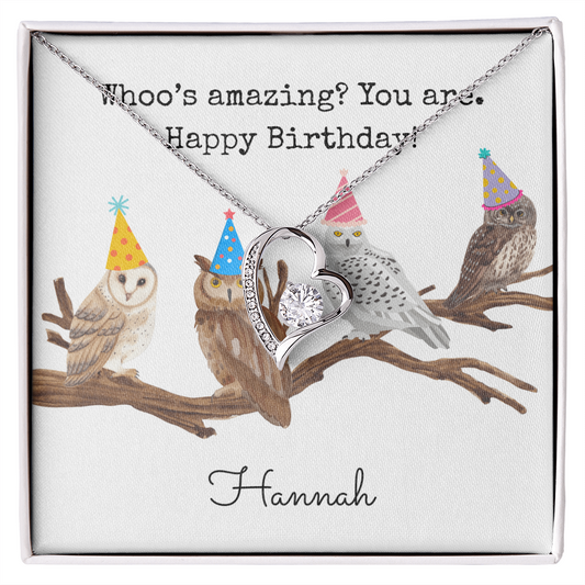 Personalized Happy Birthday- Party Owls with Colorful Hats- Forever Love Necklace