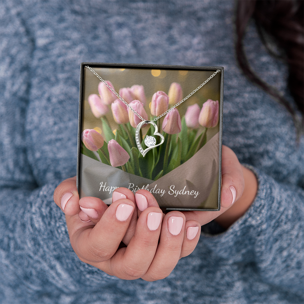Personalized Happy Birthday- Pink Tulips- Forever Love Necklace