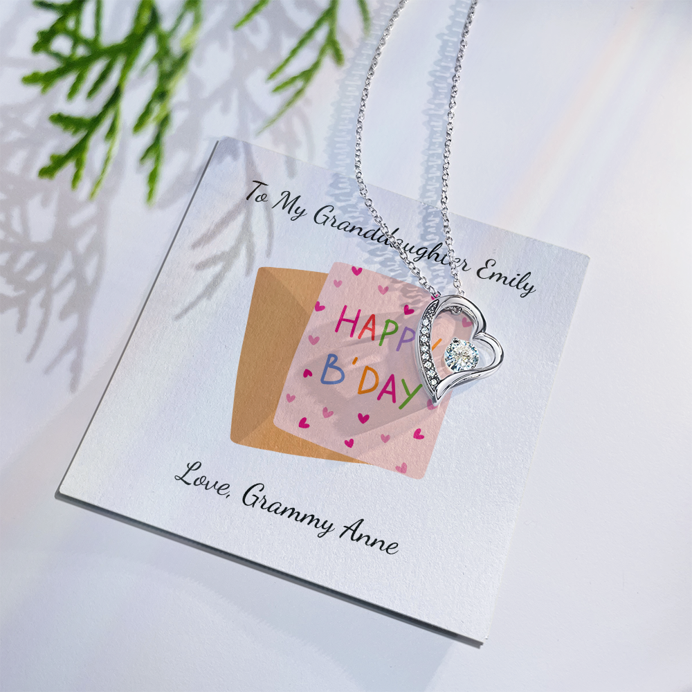 Personalized Happy Birthday- Pink Card- Forever Love Necklace