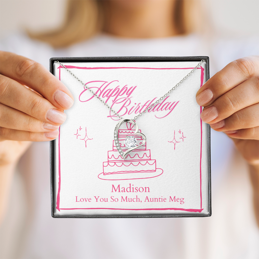 Personalized Happy Birthday- 4 Tier Pink Cake- Forever Love Necklace