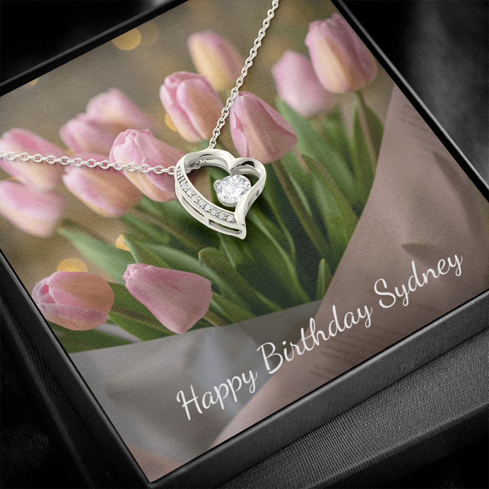 Personalized Happy Birthday- Pink Tulips- Forever Love Necklace