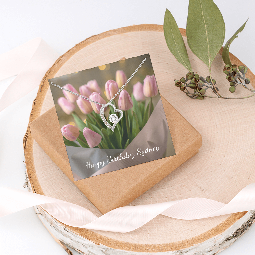 Personalized Happy Birthday- Pink Tulips- Forever Love Necklace