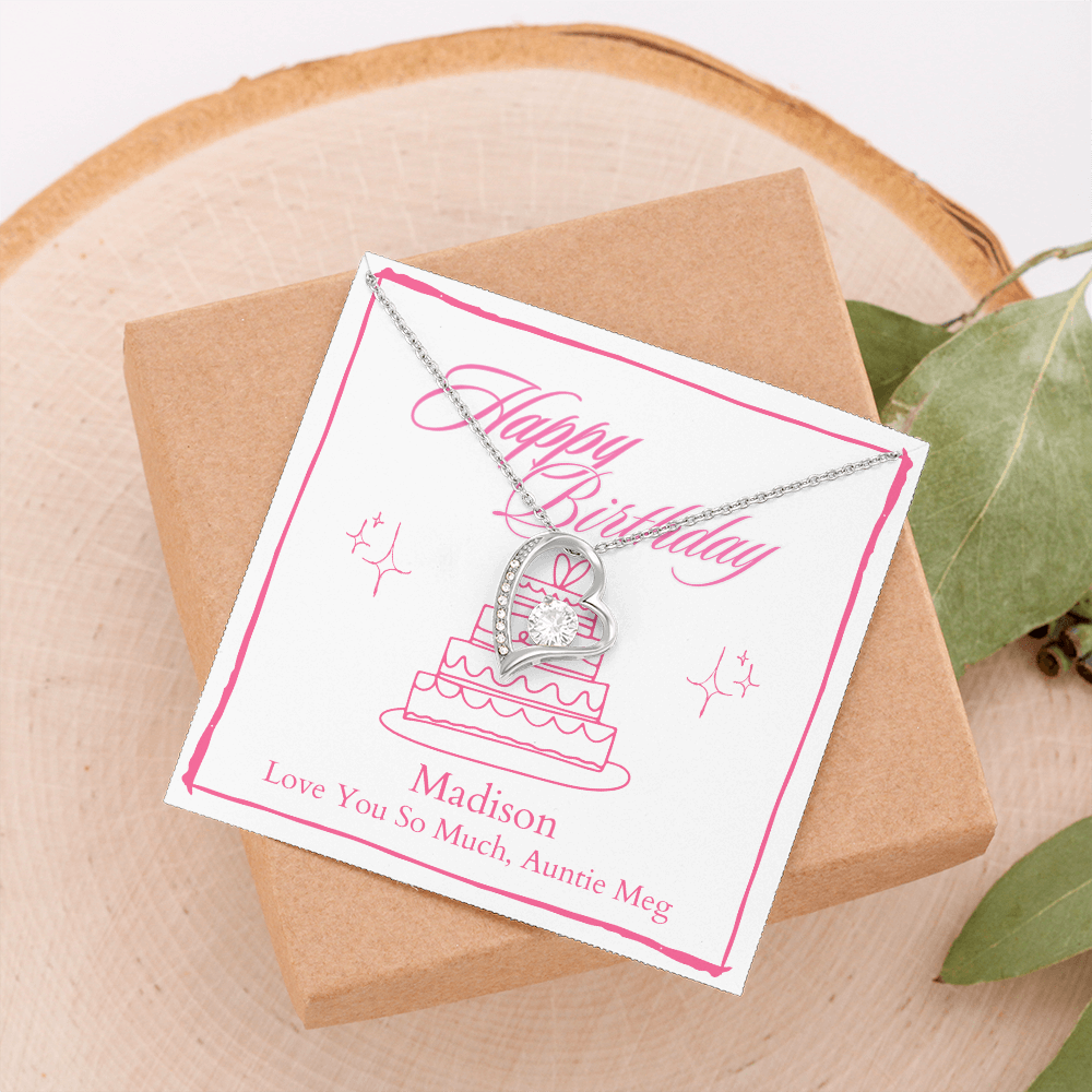 Personalized Happy Birthday- 4 Tier Pink Cake- Forever Love Necklace