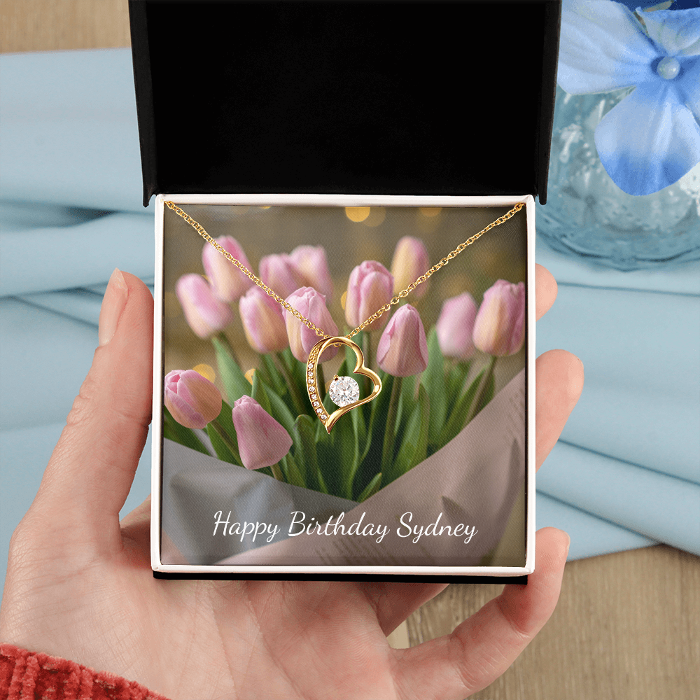 Personalized Happy Birthday- Pink Tulips- Forever Love Necklace