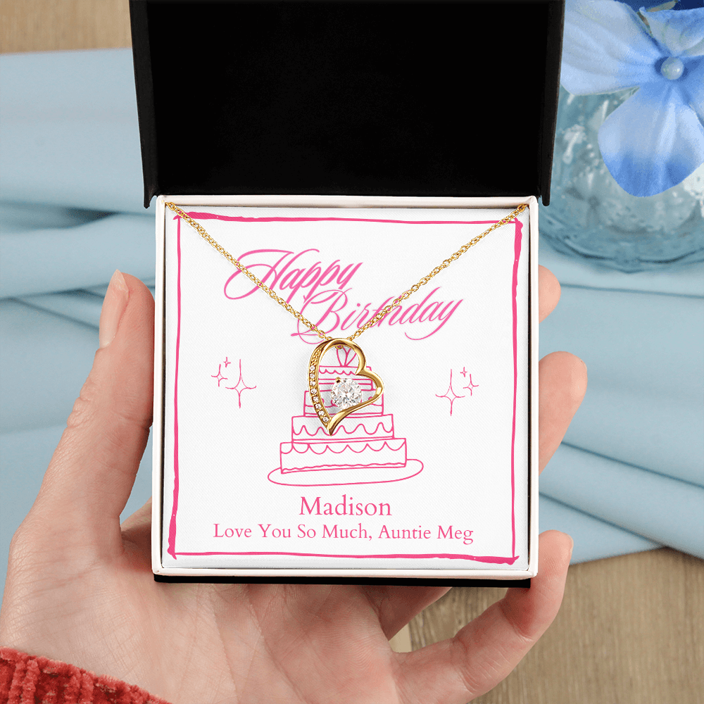 Personalized Happy Birthday- 4 Tier Pink Cake- Forever Love Necklace